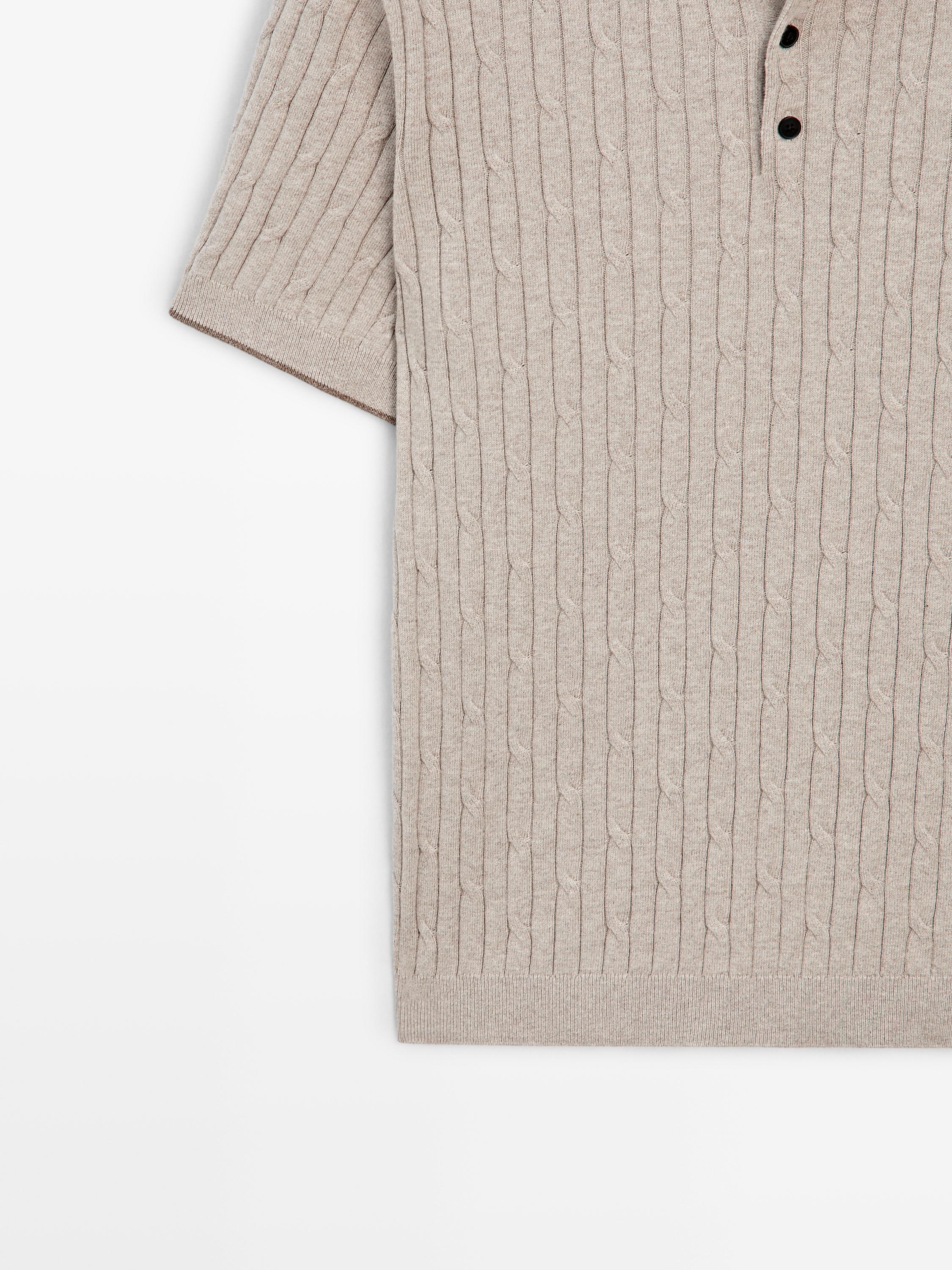 Cotton blend cable-knit polo sweater